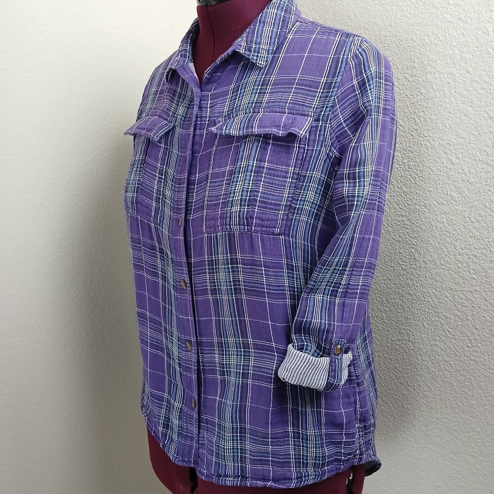 GNW Indigo Purple Plaid Double Layer Cotton Blouse M soft roll tab sleeves